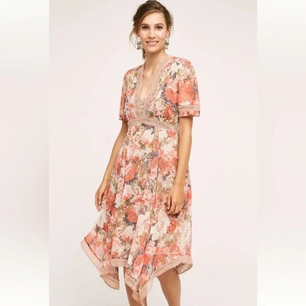 Ranna Gill Anthropologie Pink Gray Rose Bouquet Chiffon Handkerchief Dress M